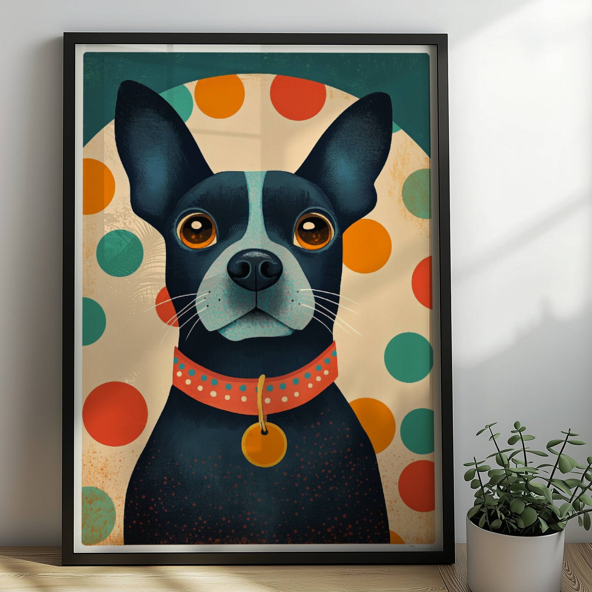 Schwarzer Hund mit rotem Halsband und buntem Punktmuster im Hintergrund, charmanter Hundeprint.. Rahmen schwarz 50x70