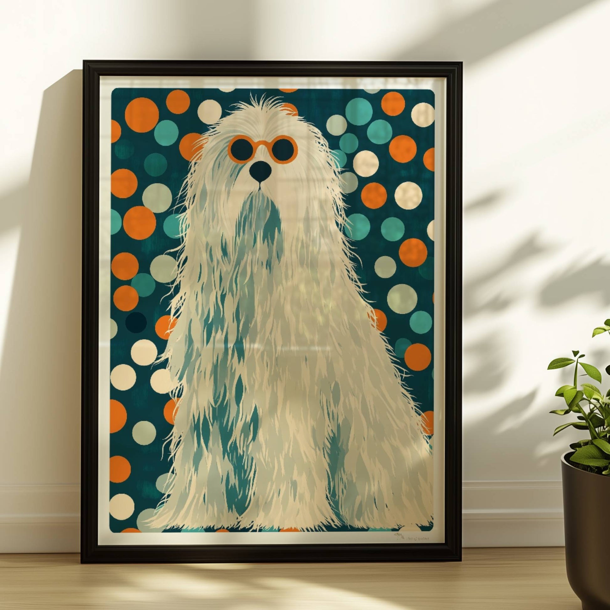 Langhaariger weißer Hund mit Sonnenbrille und buntem Punktmuster im Hintergrund, witziges Hundeillustration Poster.. Rahmen schwarz 30x40