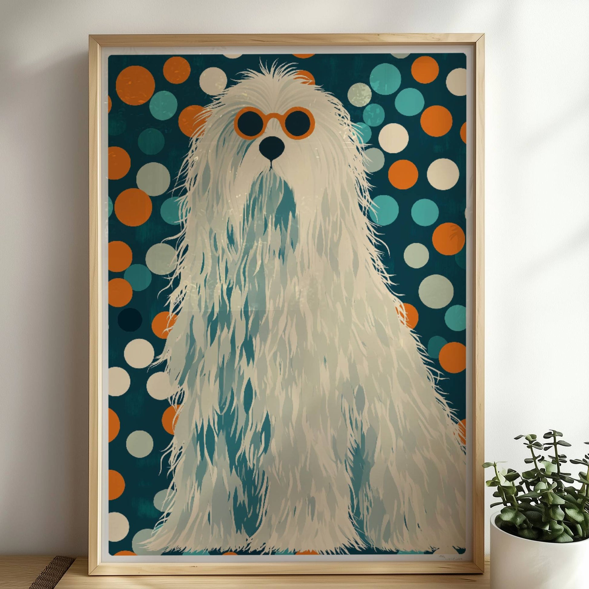 Langhaariger weißer Hund mit Sonnenbrille und buntem Punktmuster im Hintergrund, witziges Hundeillustration Poster.. Rahmen natur 50x70