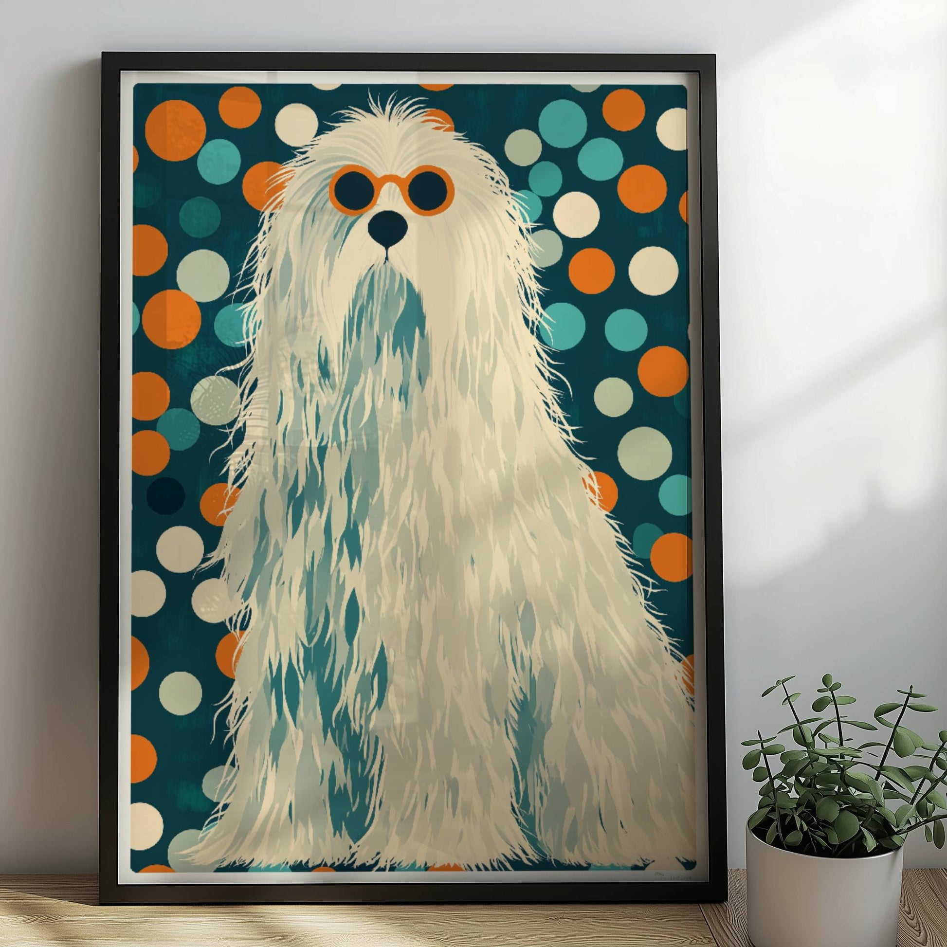 Langhaariger weißer Hund mit Sonnenbrille und buntem Punktmuster im Hintergrund, witziges Hundeillustration Poster.. Rahmen schwarz 50x70