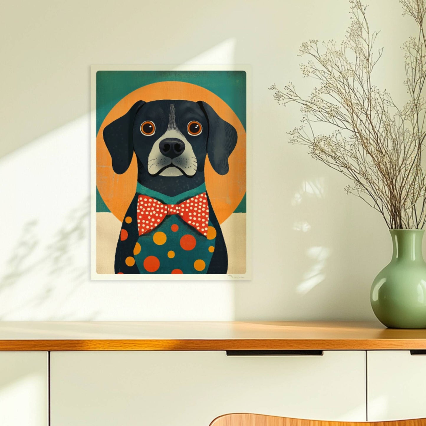 Schwarzer Hund mit roter Fliege und buntem Punkt-Outfit vor orange-grünem Hintergrund – lustiges Hundeillustration Poster.. Ohne Rahmen 30x40