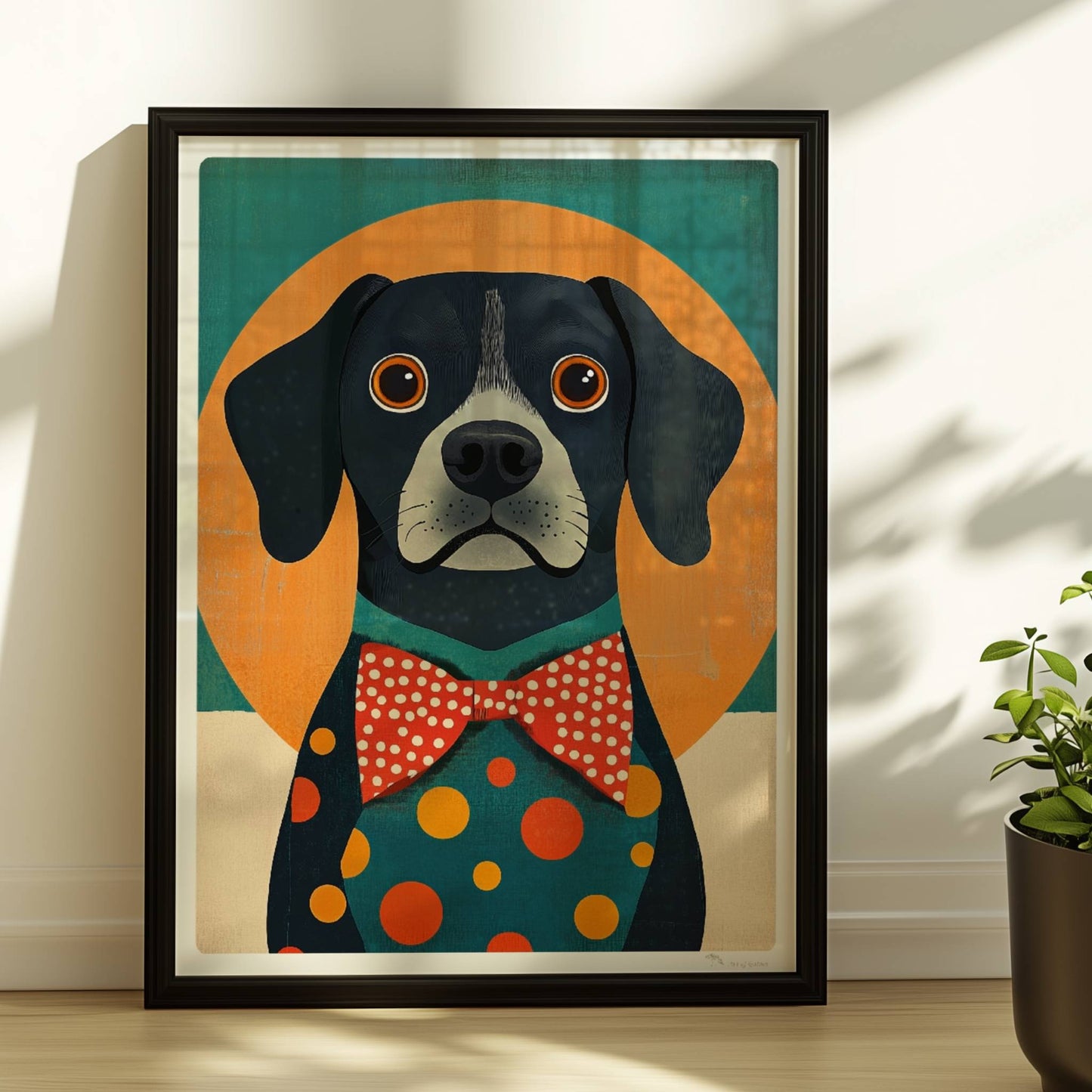Schwarzer Hund mit roter Fliege und buntem Punkt-Outfit vor orange-grünem Hintergrund – lustiges Hundeillustration Poster.. Rahmen schwarz 30x40