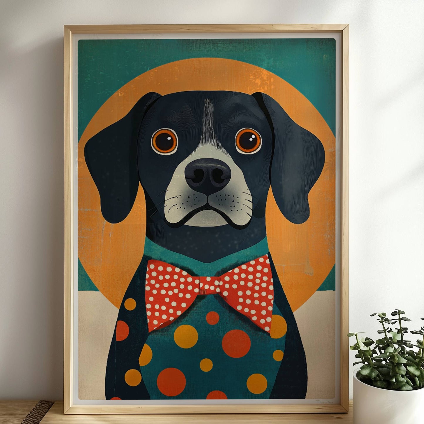 Schwarzer Hund mit roter Fliege und buntem Punkt-Outfit vor orange-grünem Hintergrund – lustiges Hundeillustration Poster.. Rahmen natur 50x70