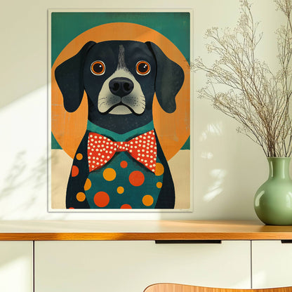 Schwarzer Hund mit roter Fliege und buntem Punkt-Outfit vor orange-grünem Hintergrund – lustiges Hundeillustration Poster.. Ohne Rahmen 50x70