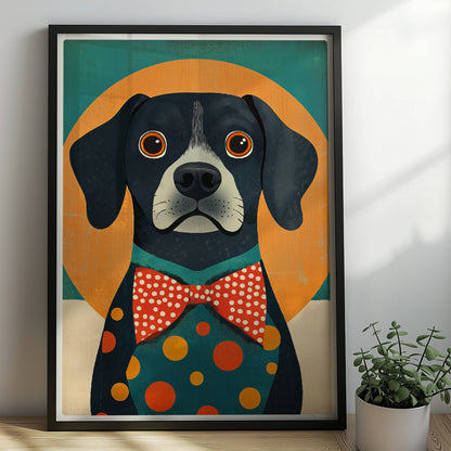 Schwarzer Hund mit roter Fliege und buntem Punkt-Outfit vor orange-grünem Hintergrund – lustiges Hundeillustration Poster.. Rahmen schwarz 50x70