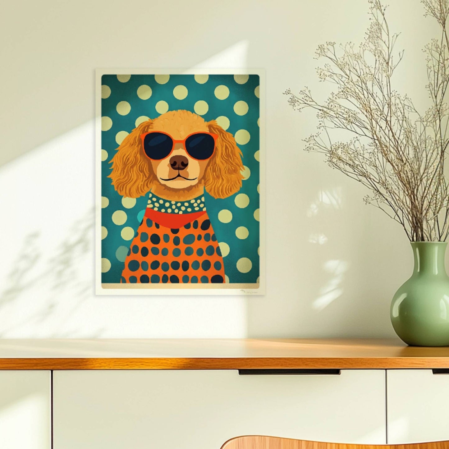 Brauner Hund mit Sonnenbrille und gepunktetem Pullover vor grünem Hintergrund – lustiges Hundeillustration Poster.. Ohne Rahmen 30x40