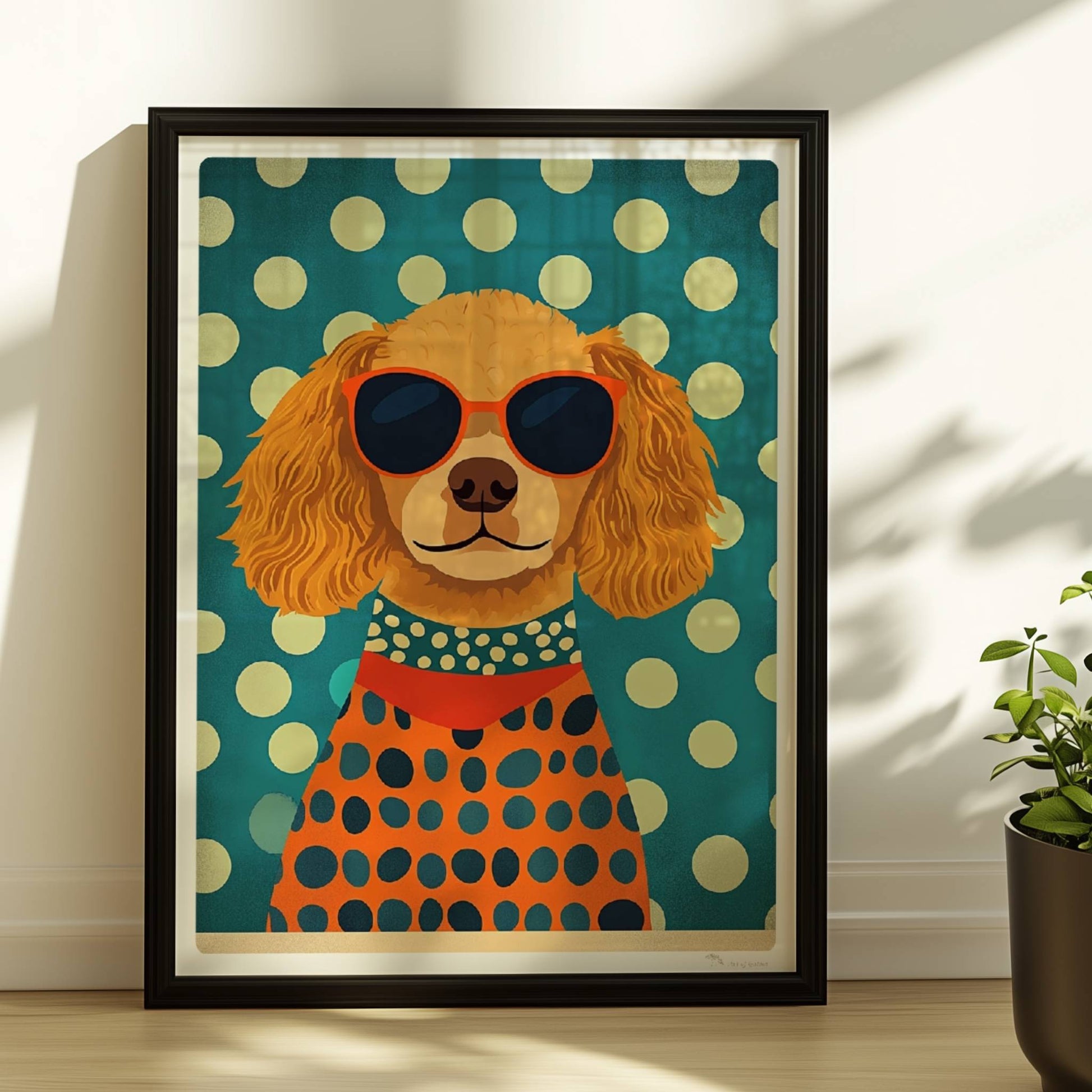Brauner Hund mit Sonnenbrille und gepunktetem Pullover vor grünem Hintergrund – lustiges Hundeillustration Poster.. Rahmen schwarz 30x40