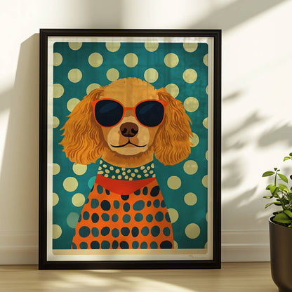 Brauner Hund mit Sonnenbrille und gepunktetem Pullover vor grünem Hintergrund – lustiges Hundeillustration Poster.. Rahmen schwarz 30x40