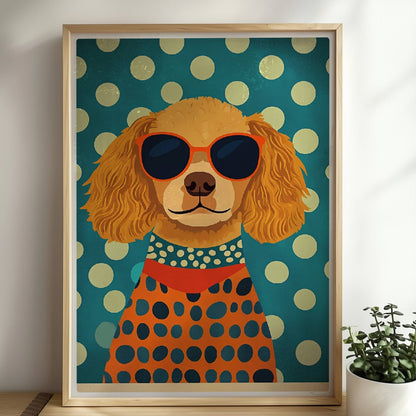 Brauner Hund mit Sonnenbrille und gepunktetem Pullover vor grünem Hintergrund – lustiges Hundeillustration Poster.. Rahmen natur 50x70