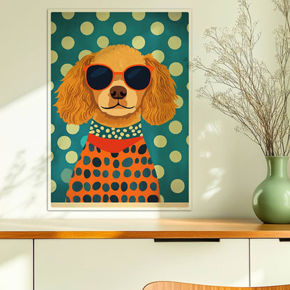 Brauner Hund mit Sonnenbrille und gepunktetem Pullover vor grünem Hintergrund – lustiges Hundeillustration Poster.. Ohne Rahmen 50x70
