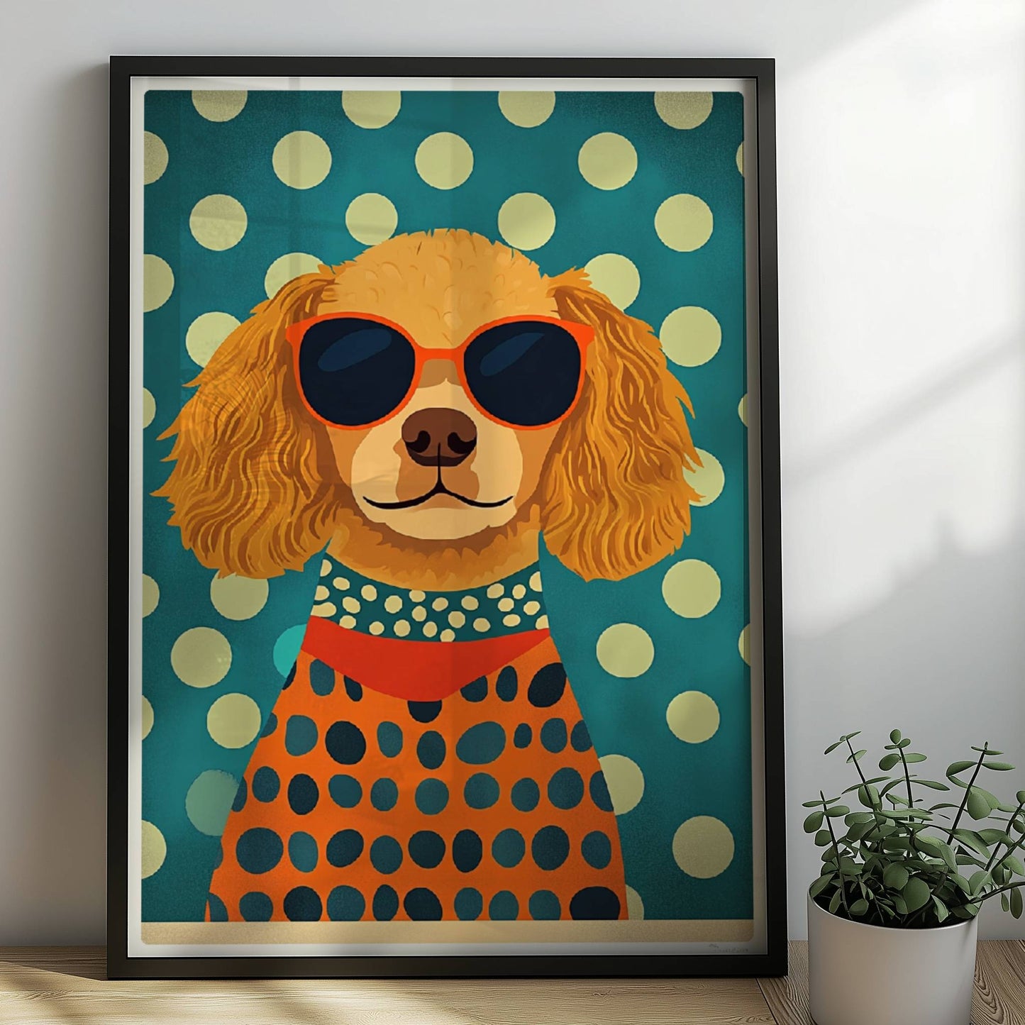 Brauner Hund mit Sonnenbrille und gepunktetem Pullover vor grünem Hintergrund – lustiges Hundeillustration Poster.. Rahmen schwarz 50x70