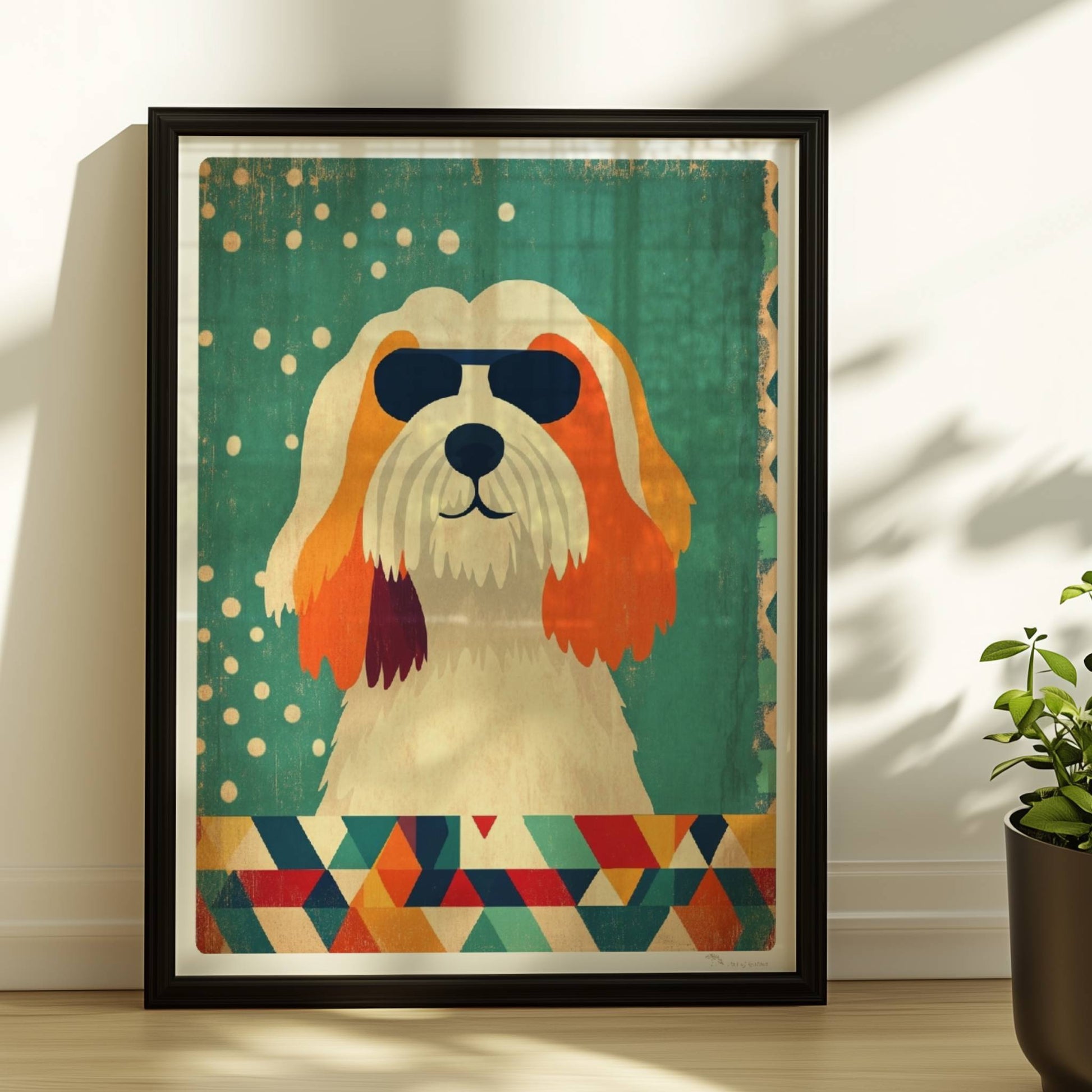 Weiß-orangefarbener Hund mit Sonnenbrille vor geometrischem Muster – stylisches Hundeillustration Poster.. Rahmen schwarz 30x40