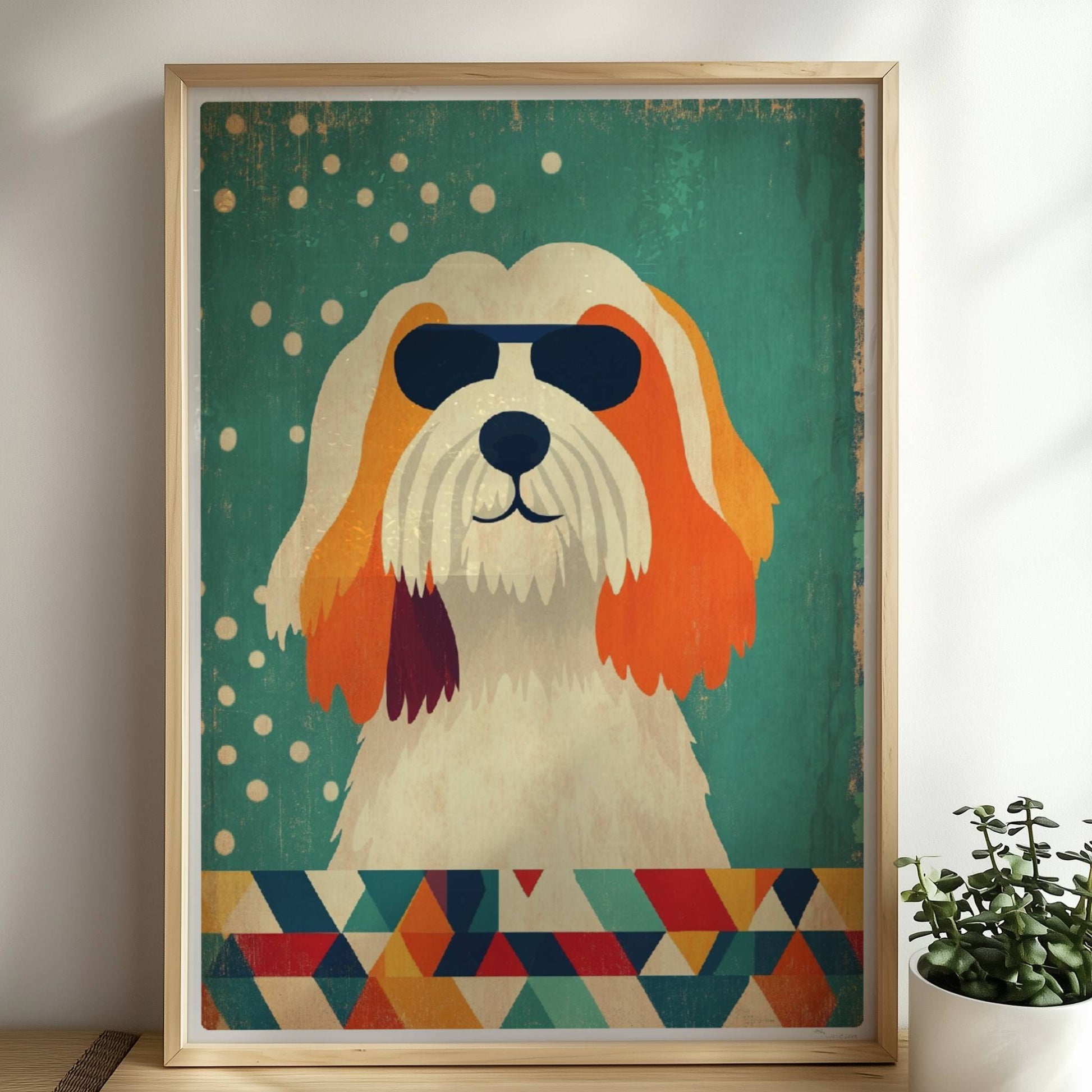 Weiß-orangefarbener Hund mit Sonnenbrille vor geometrischem Muster – stylisches Hundeillustration Poster.. Rahmen natur 50x70