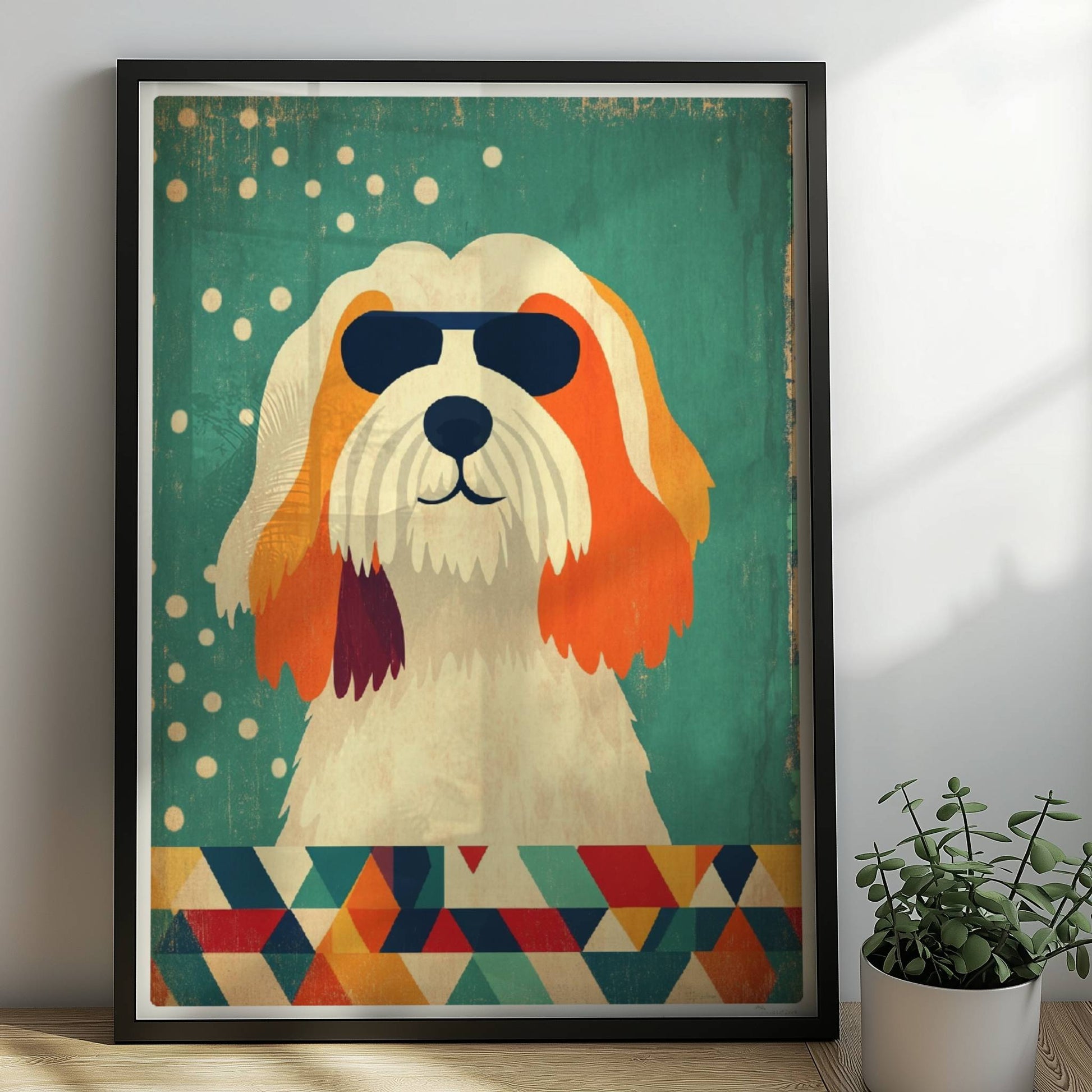 Weiß-orangefarbener Hund mit Sonnenbrille vor geometrischem Muster – stylisches Hundeillustration Poster.. Rahmen schwarz 50x70