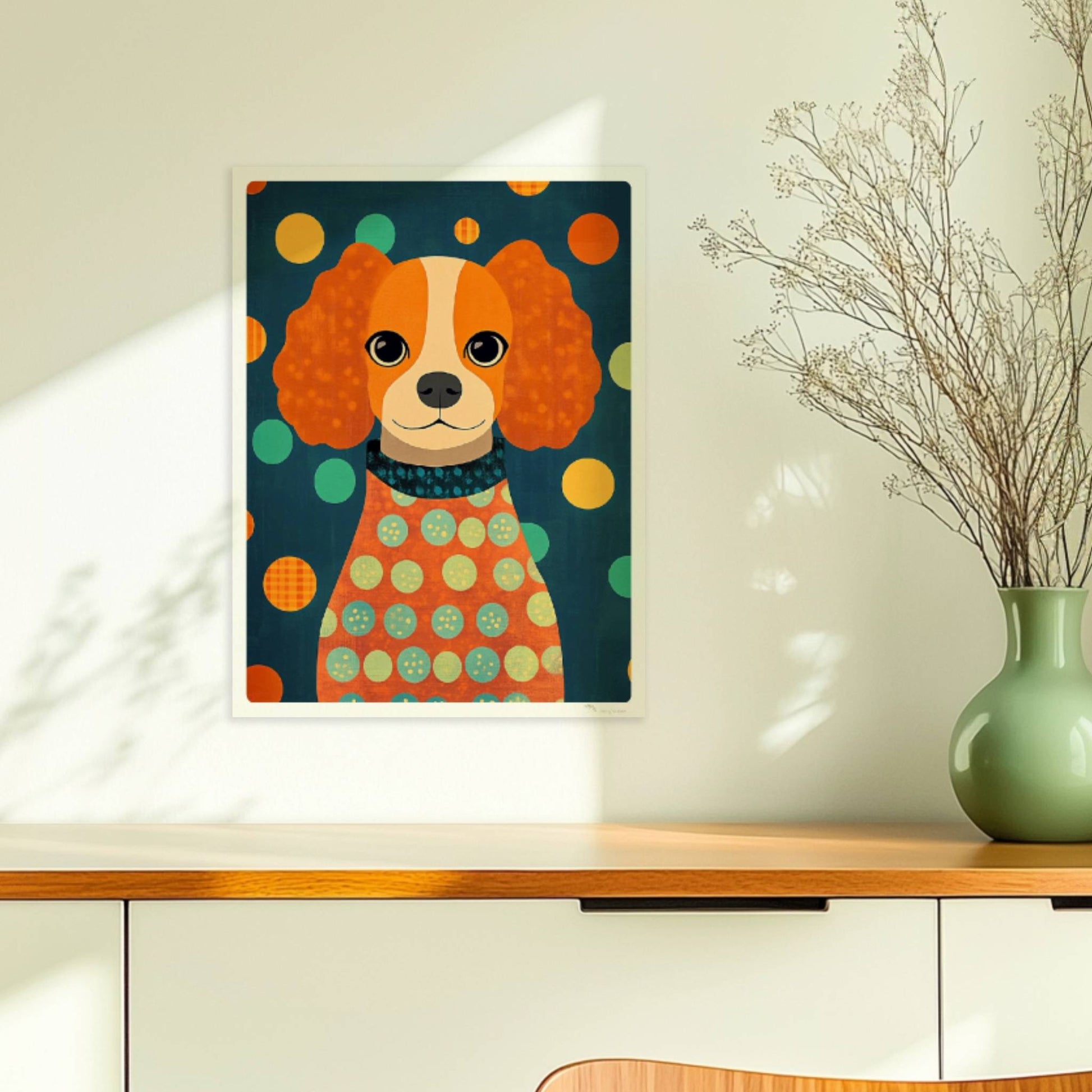 Orangefarbener Hund mit Locken und Punkt-Pullover vor buntem Hintergrund – niedliches Hundeillustration Poster.. Ohne Rahmen 30x40