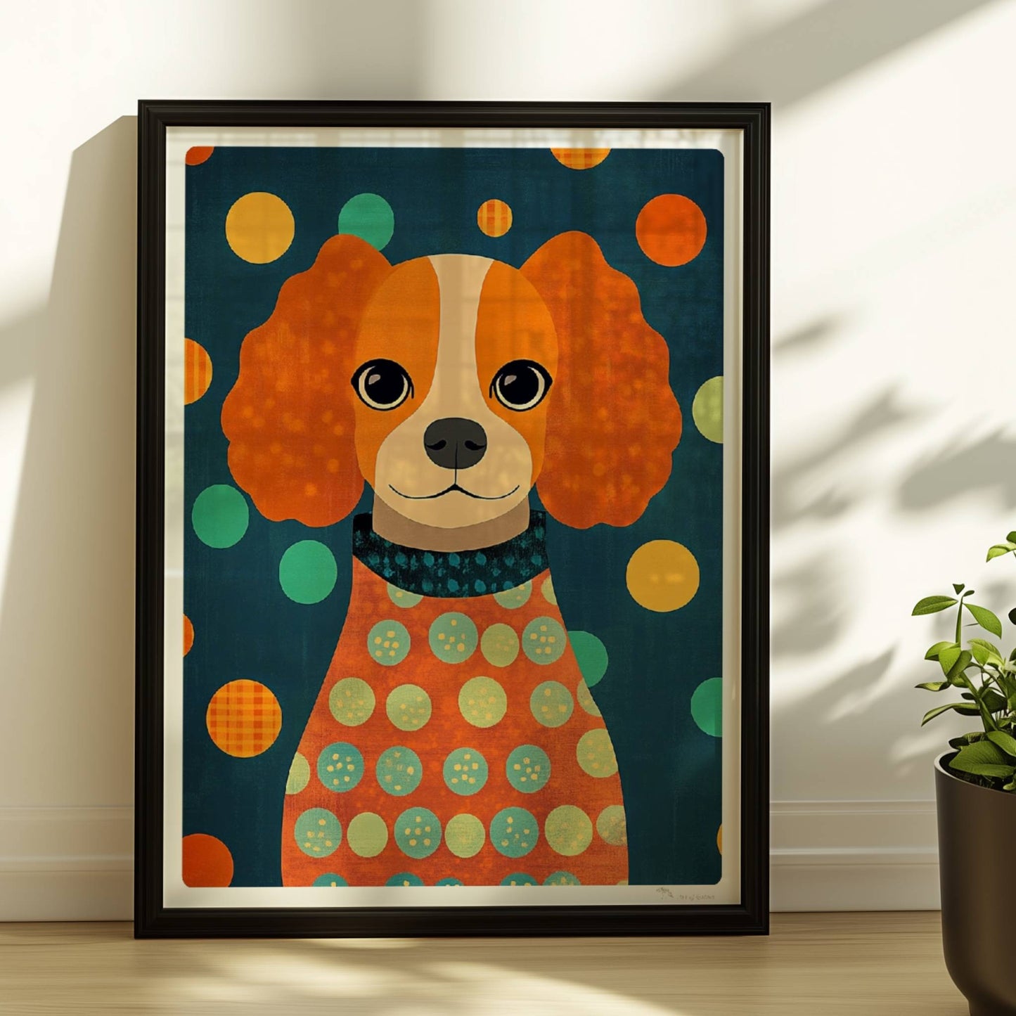 Orangefarbener Hund mit Locken und Punkt-Pullover vor buntem Hintergrund – niedliches Hundeillustration Poster.. Rahmen schwarz 30x40