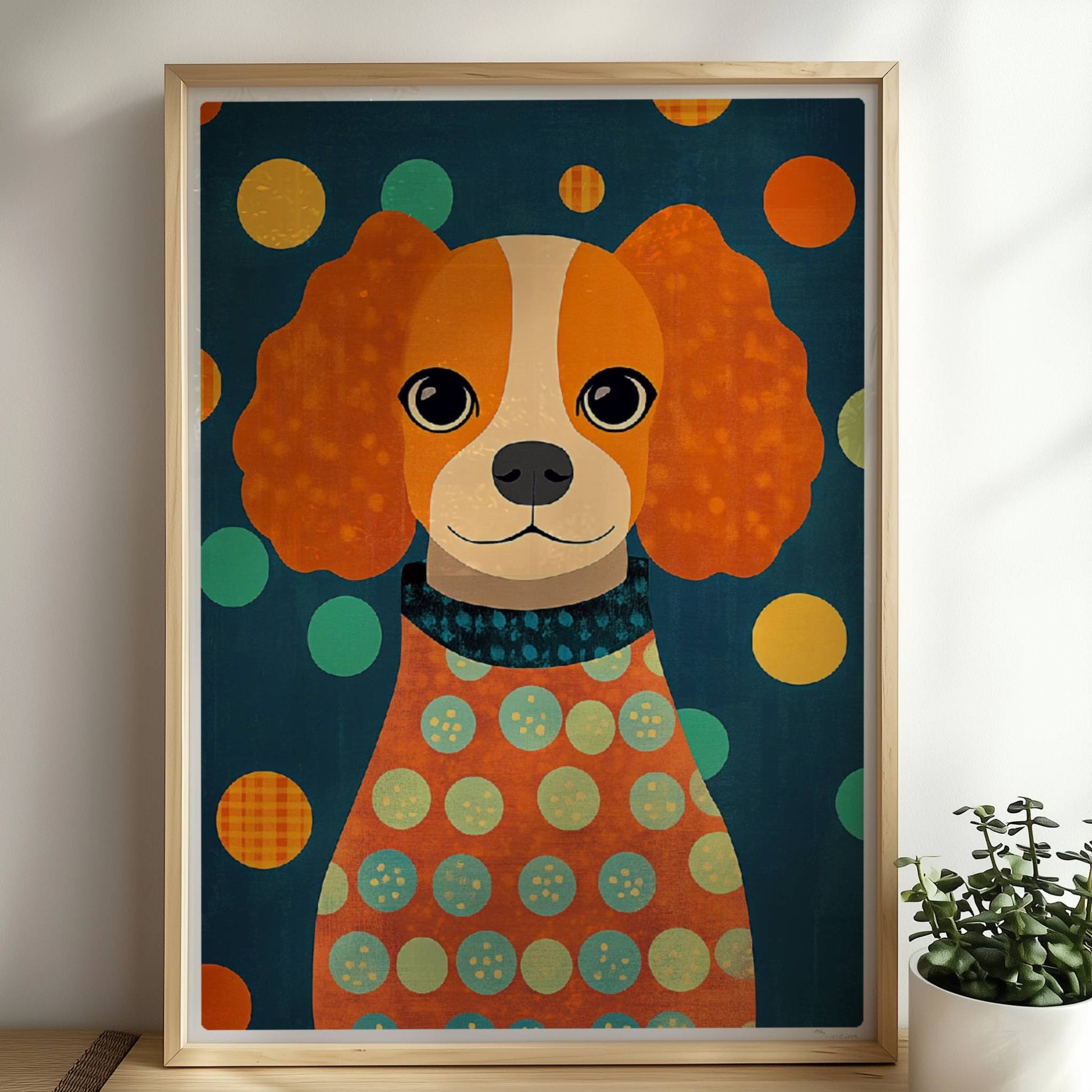 Orangefarbener Hund mit Locken und Punkt-Pullover vor buntem Hintergrund – niedliches Hundeillustration Poster.. Rahmen natur 50x70