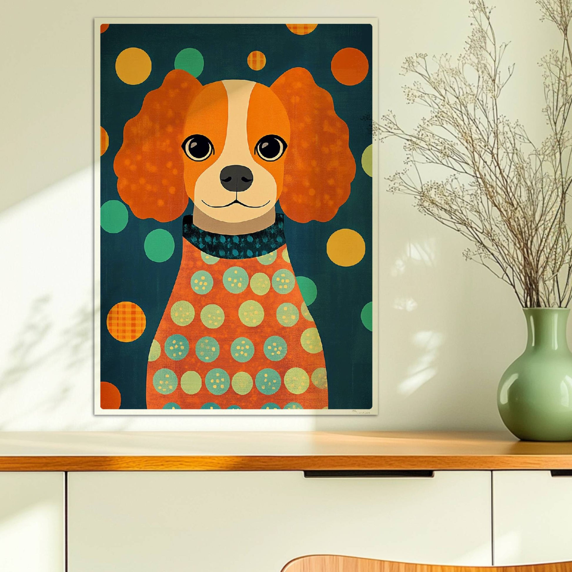 Orangefarbener Hund mit Locken und Punkt-Pullover vor buntem Hintergrund – niedliches Hundeillustration Poster.. Ohne Rahmen 50x70