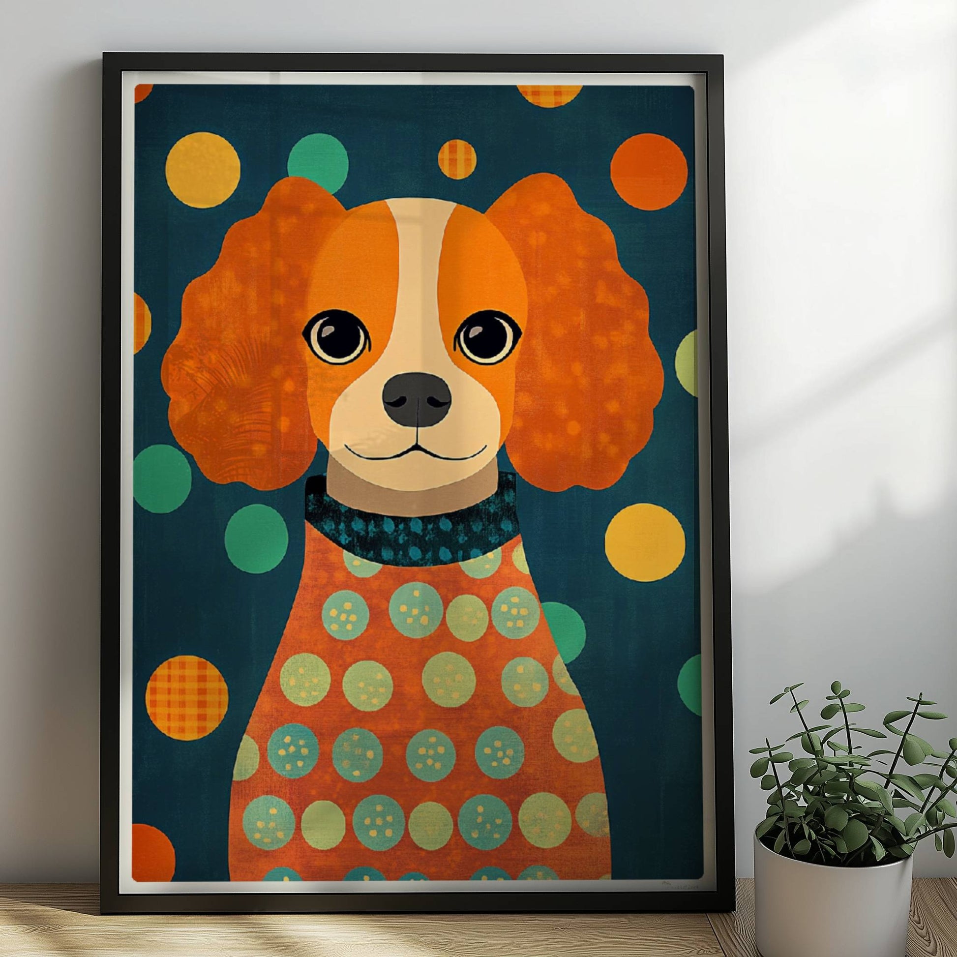 Orangefarbener Hund mit Locken und Punkt-Pullover vor buntem Hintergrund – niedliches Hundeillustration Poster.. Rahmen schwarz 50x70
