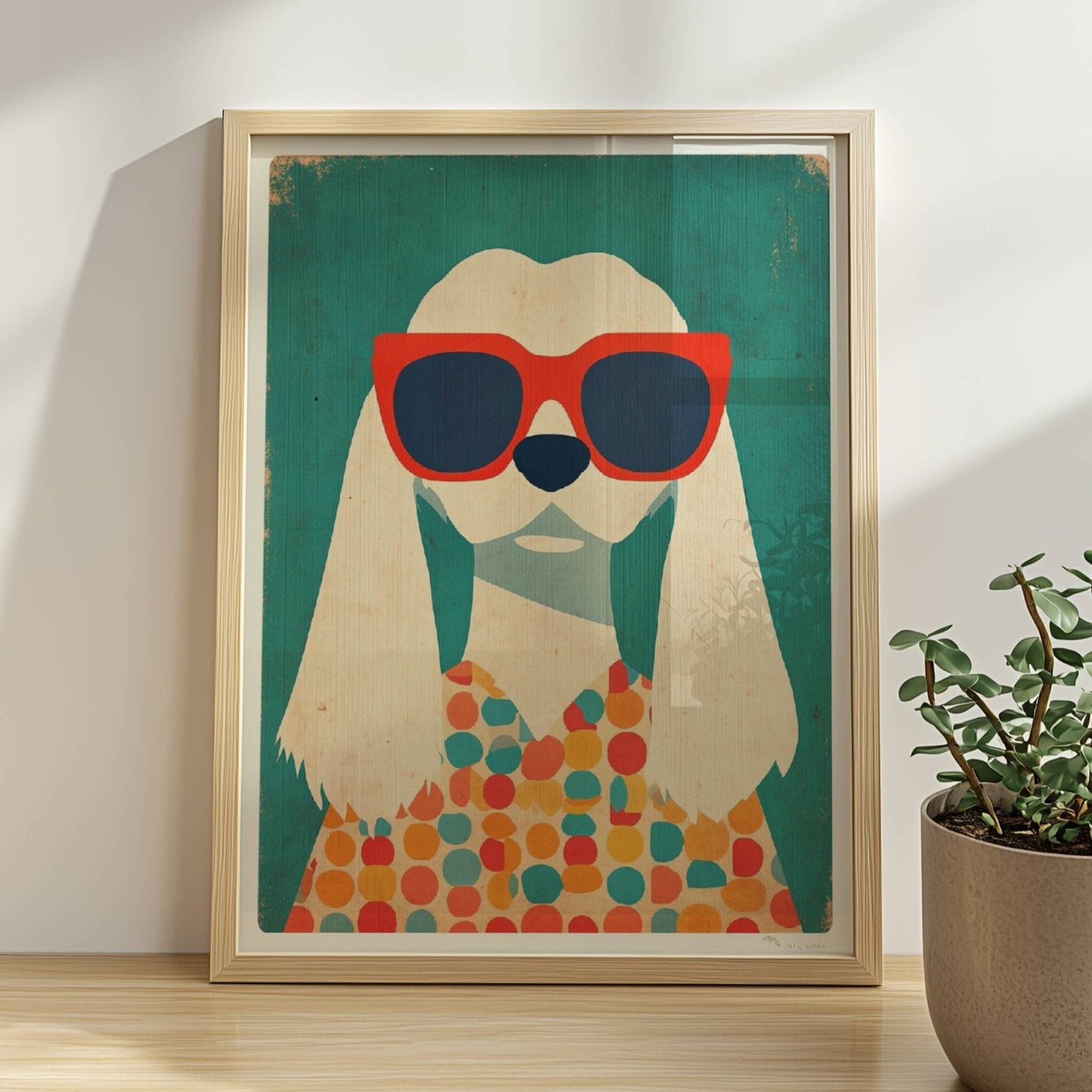 Weißer Hund mit roter Sonnenbrille und buntem Punktpullover – verspieltes Hundeillustration Poster.. Rahmen natur 30x40