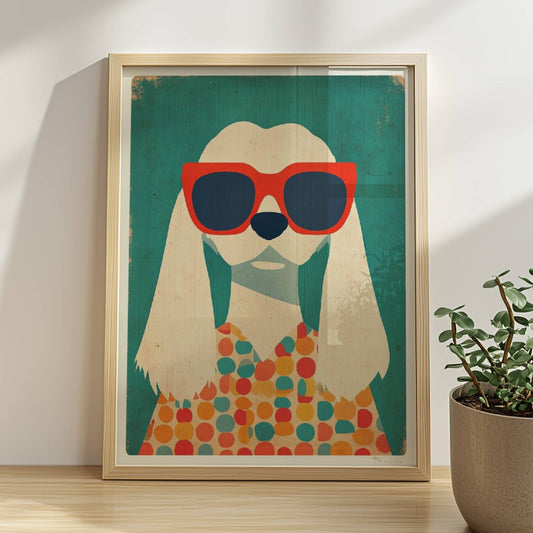 Weißer Hund mit roter Sonnenbrille und buntem Punktpullover – verspieltes Hundeillustration Poster.. Rahmen natur 30x40