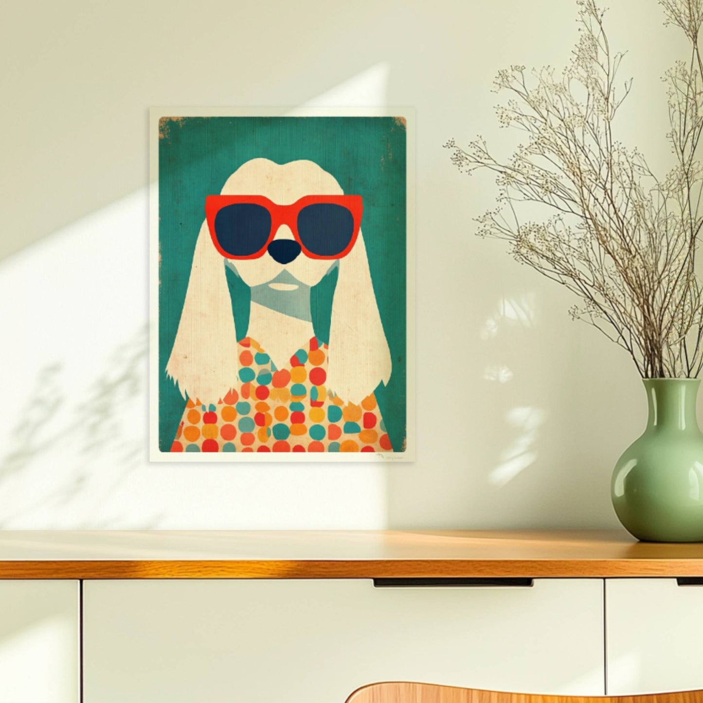 Weißer Hund mit roter Sonnenbrille und buntem Punktpullover – verspieltes Hundeillustration Poster.. Ohne Rahmen 30x40