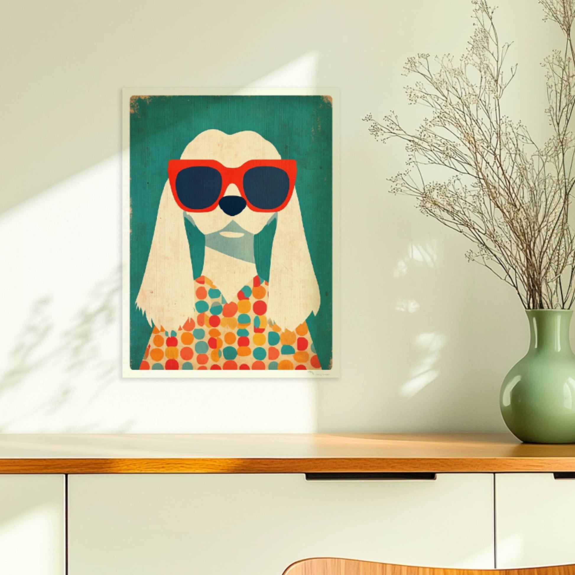Weißer Hund mit roter Sonnenbrille und buntem Punktpullover – verspieltes Hundeillustration Poster.. Ohne Rahmen 30x40