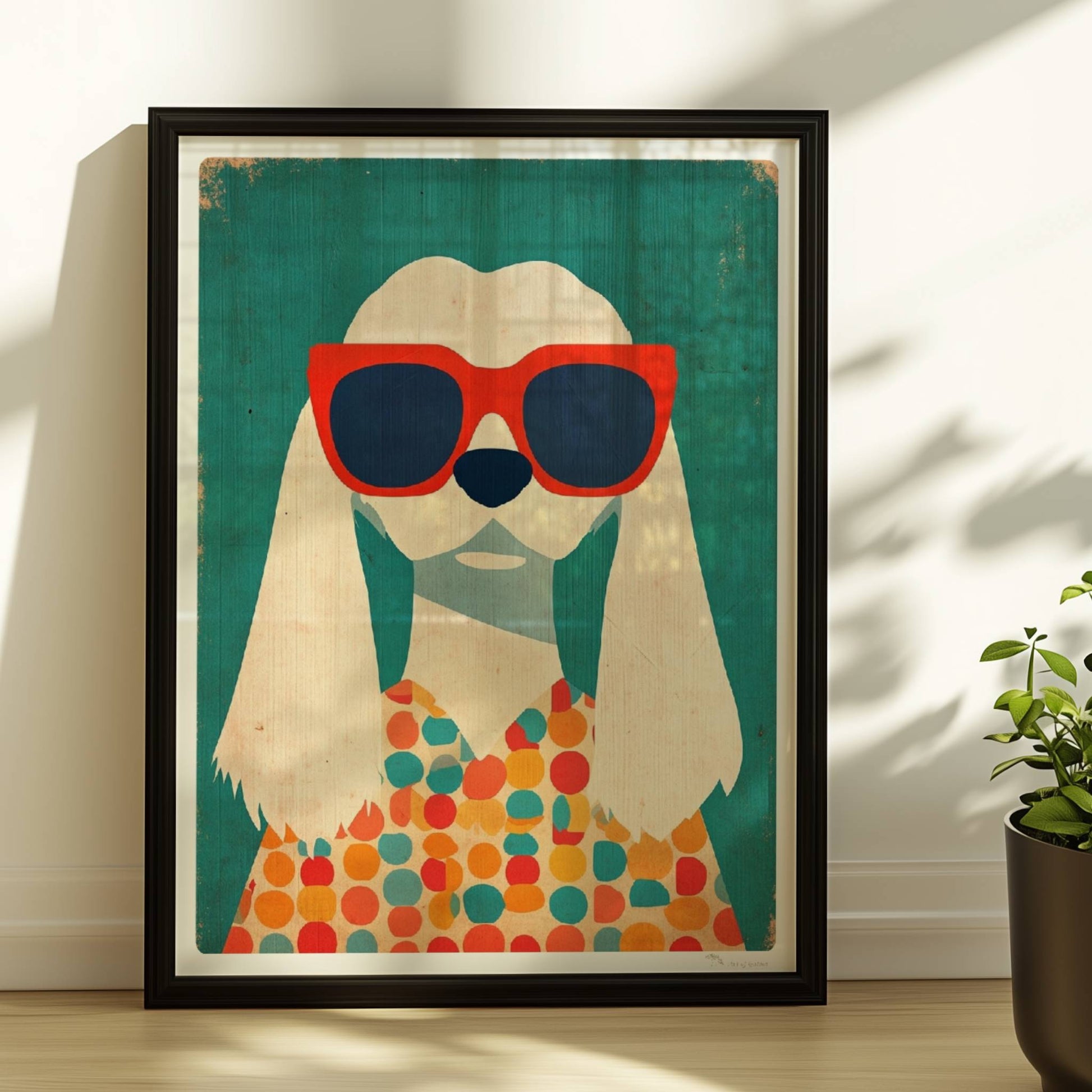 Weißer Hund mit roter Sonnenbrille und buntem Punktpullover – verspieltes Hundeillustration Poster.. Rahmen schwarz 30x40