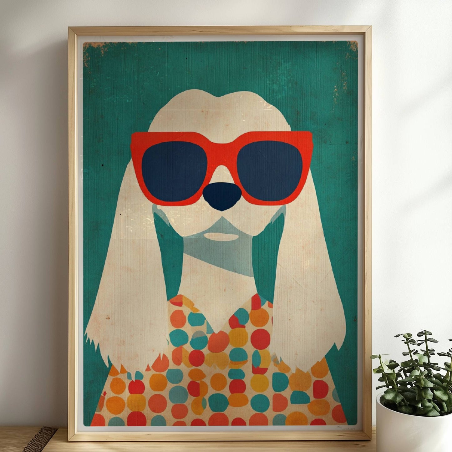 Weißer Hund mit roter Sonnenbrille und buntem Punktpullover – verspieltes Hundeillustration Poster.. Rahmen natur 50x70