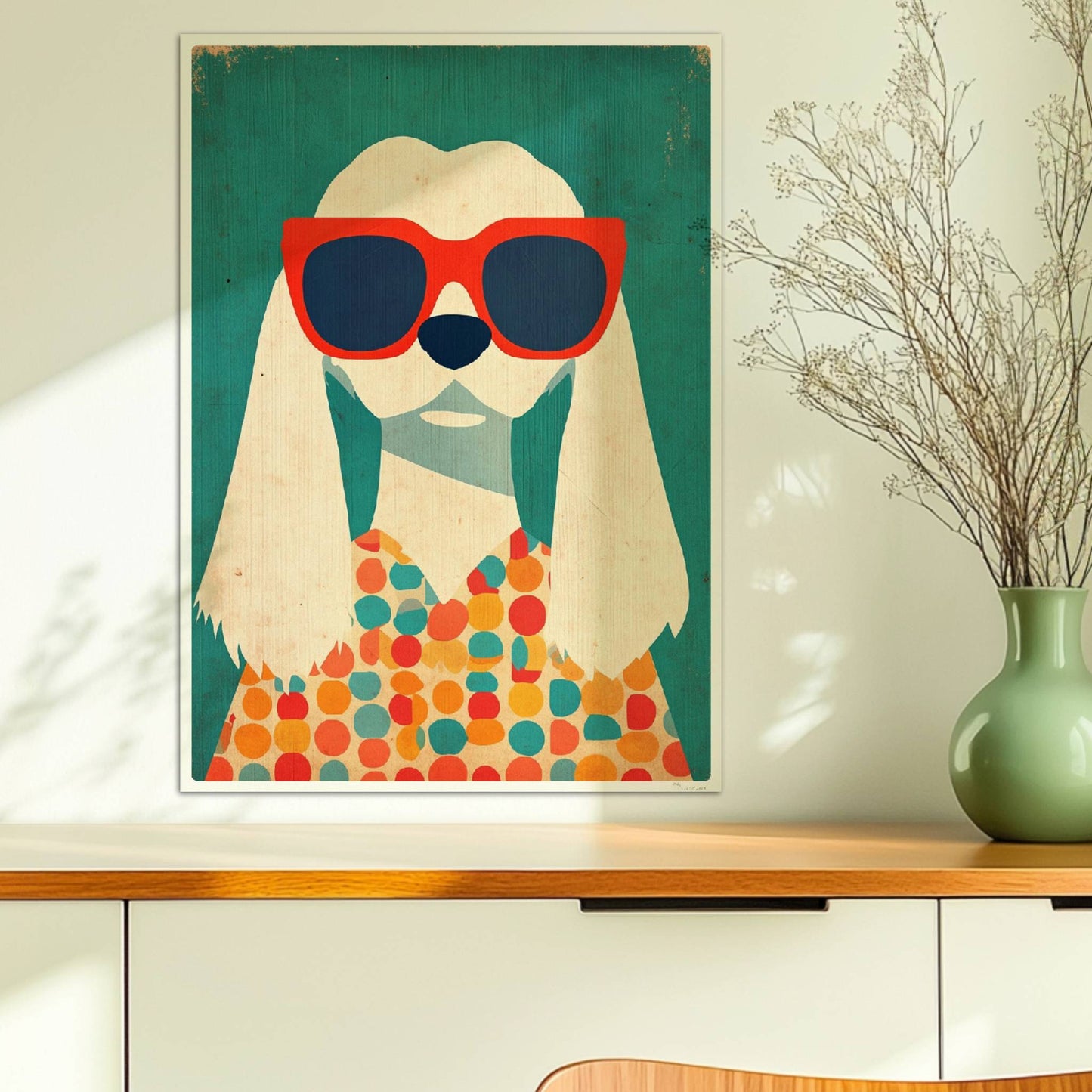 Weißer Hund mit roter Sonnenbrille und buntem Punktpullover – verspieltes Hundeillustration Poster.. Ohne Rahmen 50x70
