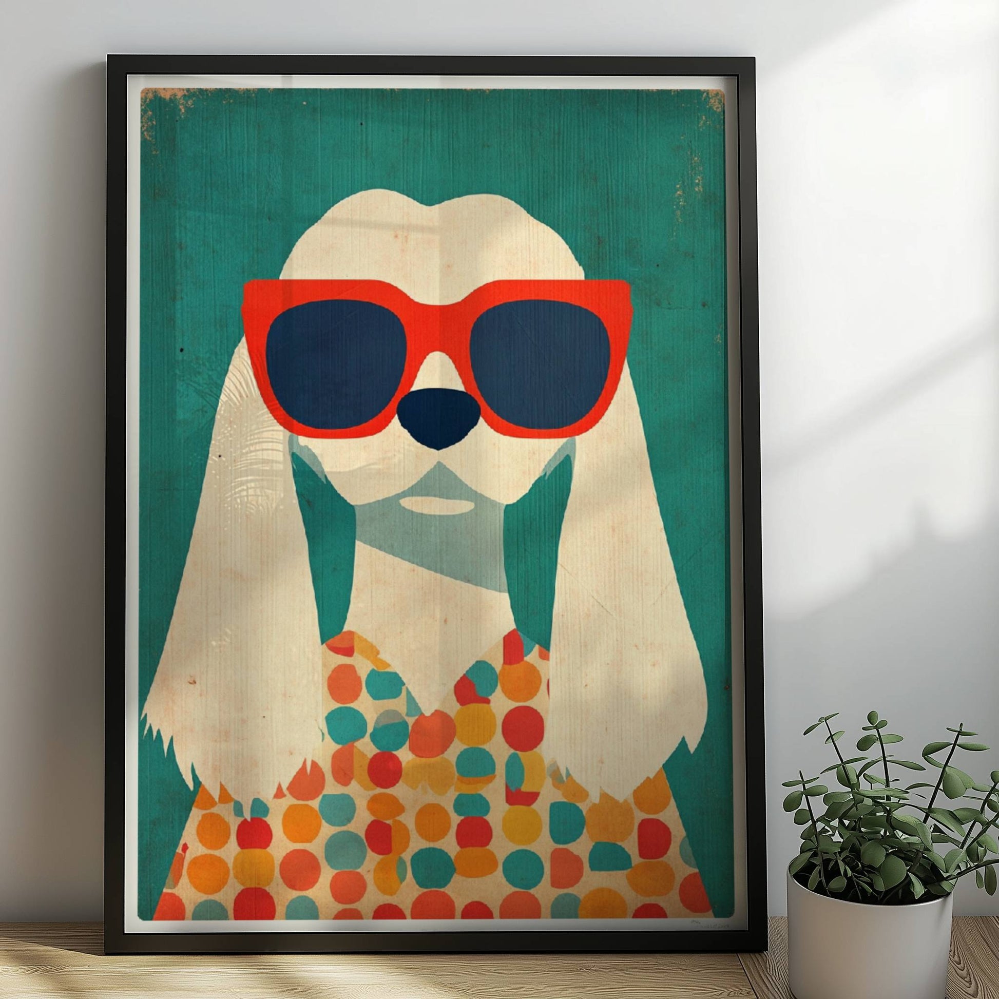 Weißer Hund mit roter Sonnenbrille und buntem Punktpullover – verspieltes Hundeillustration Poster.. Rahmen schwarz 50x70