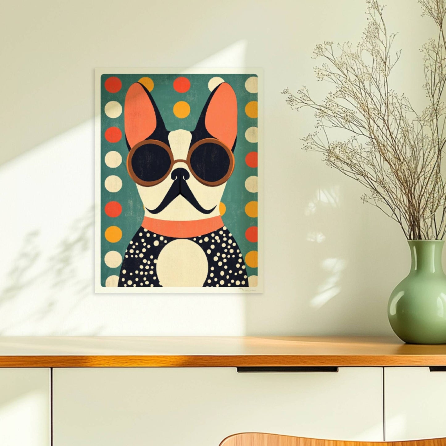 Schwarz-weißer Hund mit runder Sonnenbrille vor buntem Punktmuster – stilvolles Hundeportrait Poster.. Ohne Rahmen 30x40