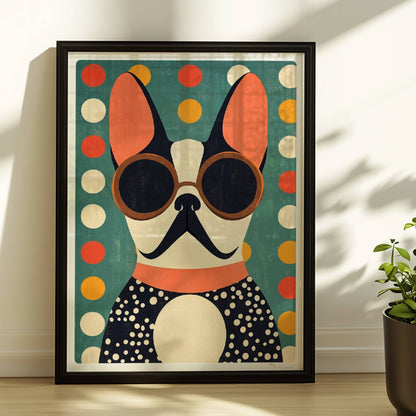 Schwarz-weißer Hund mit runder Sonnenbrille vor buntem Punktmuster – stilvolles Hundeportrait Poster.. Rahmen schwarz 30x40