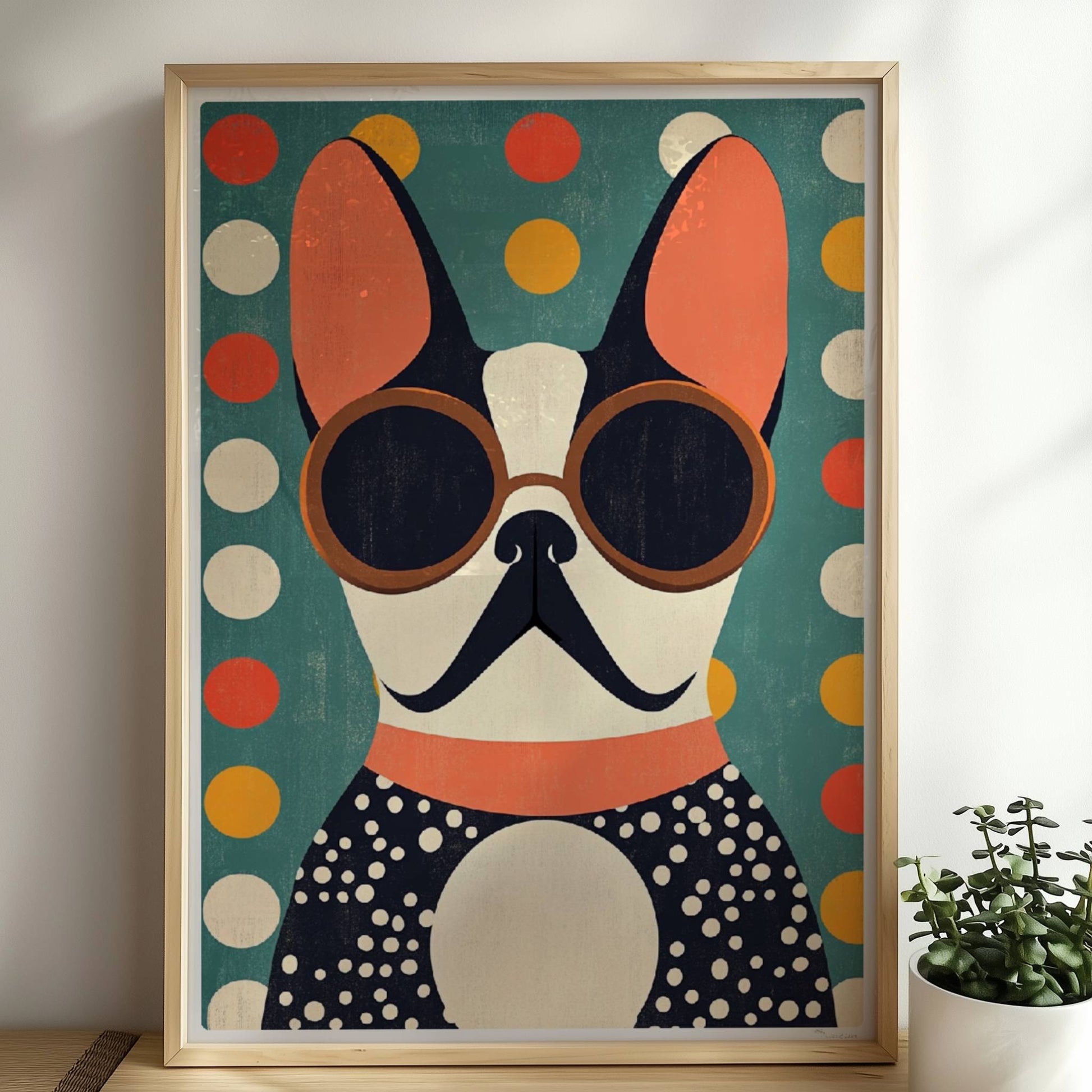 Schwarz-weißer Hund mit runder Sonnenbrille vor buntem Punktmuster – stilvolles Hundeportrait Poster.. Rahmen natur 50x70