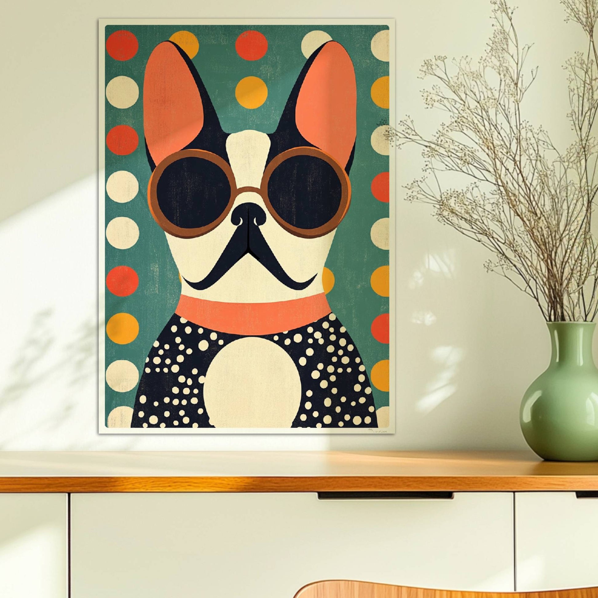 Schwarz-weißer Hund mit runder Sonnenbrille vor buntem Punktmuster – stilvolles Hundeportrait Poster.. Ohne Rahmen 50x70