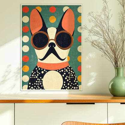 Schwarz-weißer Hund mit runder Sonnenbrille vor buntem Punktmuster – stilvolles Hundeportrait Poster.. Ohne Rahmen 50x70
