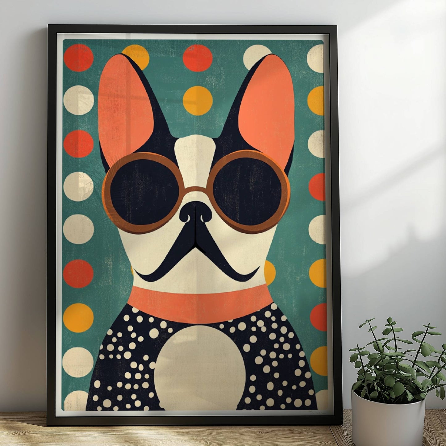 Schwarz-weißer Hund mit runder Sonnenbrille vor buntem Punktmuster – stilvolles Hundeportrait Poster.. Rahmen schwarz 50x70