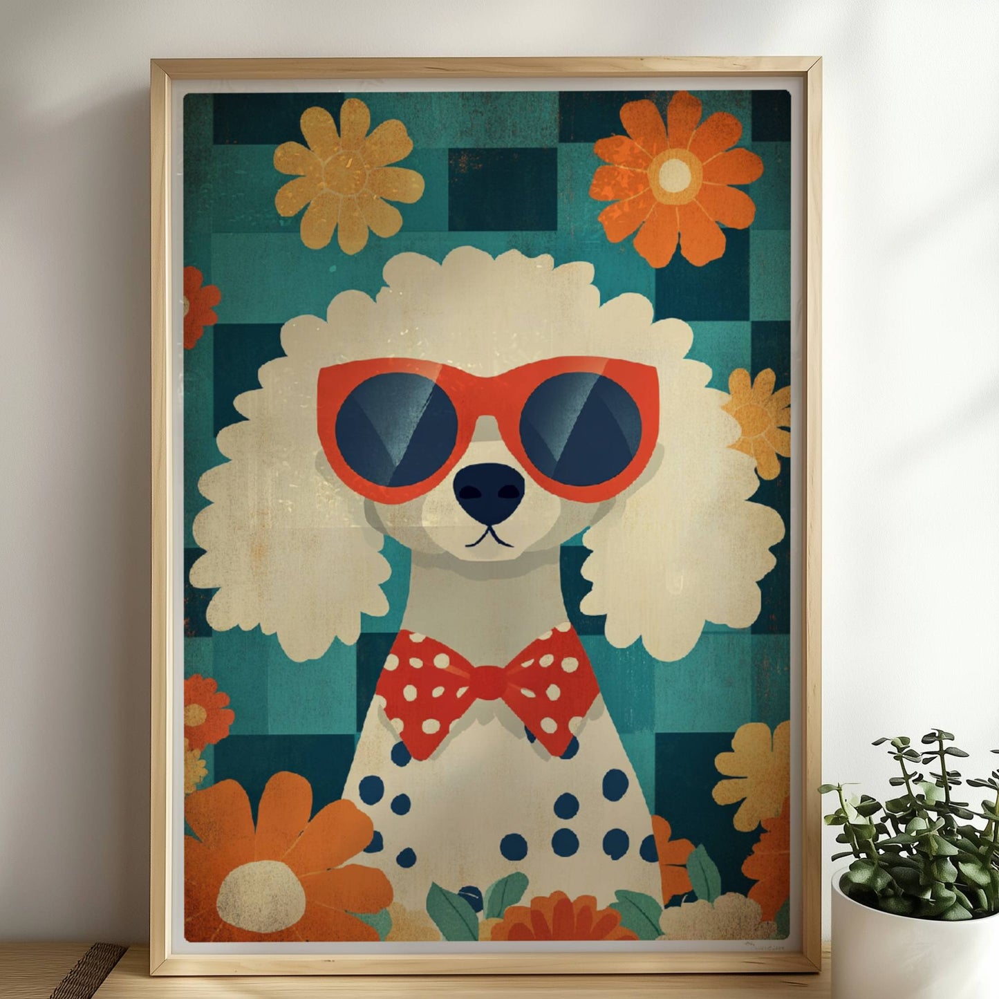 Weißer Pudel mit roter Sonnenbrille, gepunkteter Fliege und Blumenhintergrund – charmantes Hundeportrait Poster.. Rahmen natur 50x70