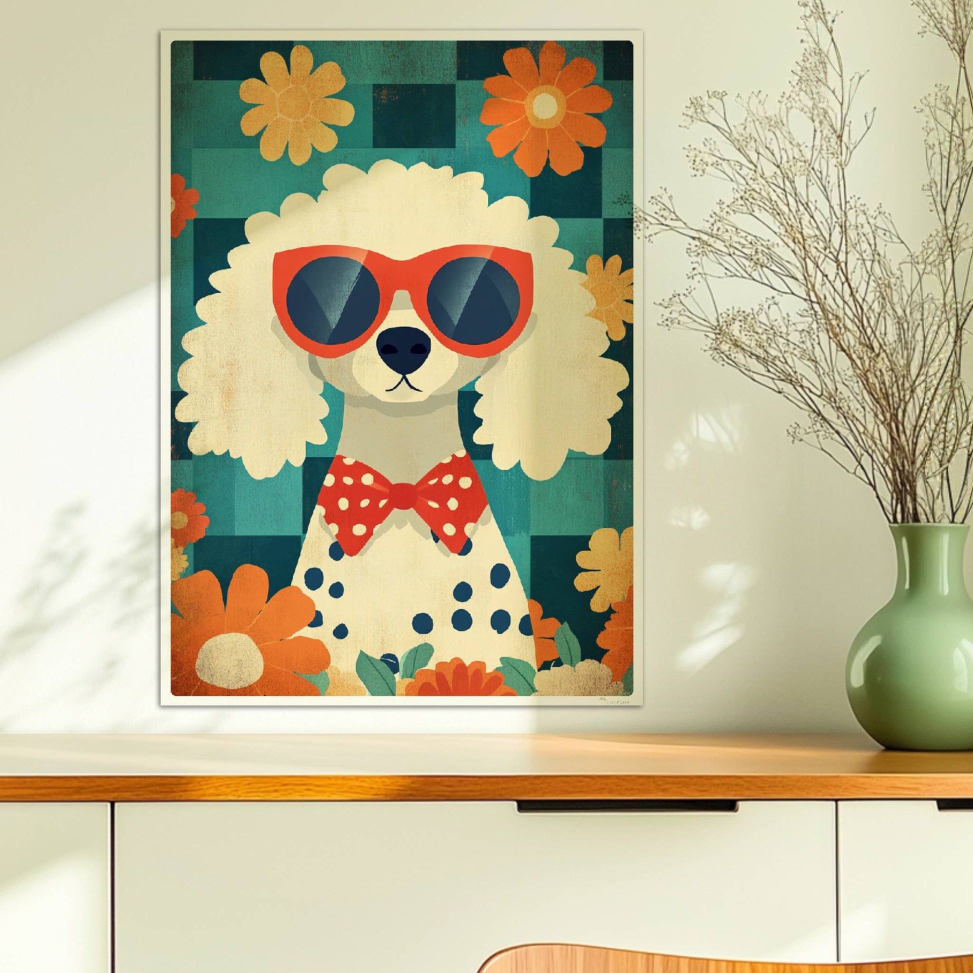 Weißer Pudel mit roter Sonnenbrille, gepunkteter Fliege und Blumenhintergrund – charmantes Hundeportrait Poster.. Ohne Rahmen 50x70