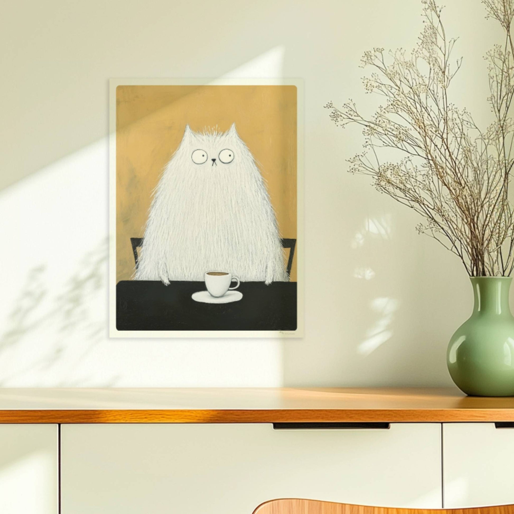 Weisse Katze mit Kaffee, lustiges Katzenposter mit charmantem Charakter.. Ohne Rahmen 30x40