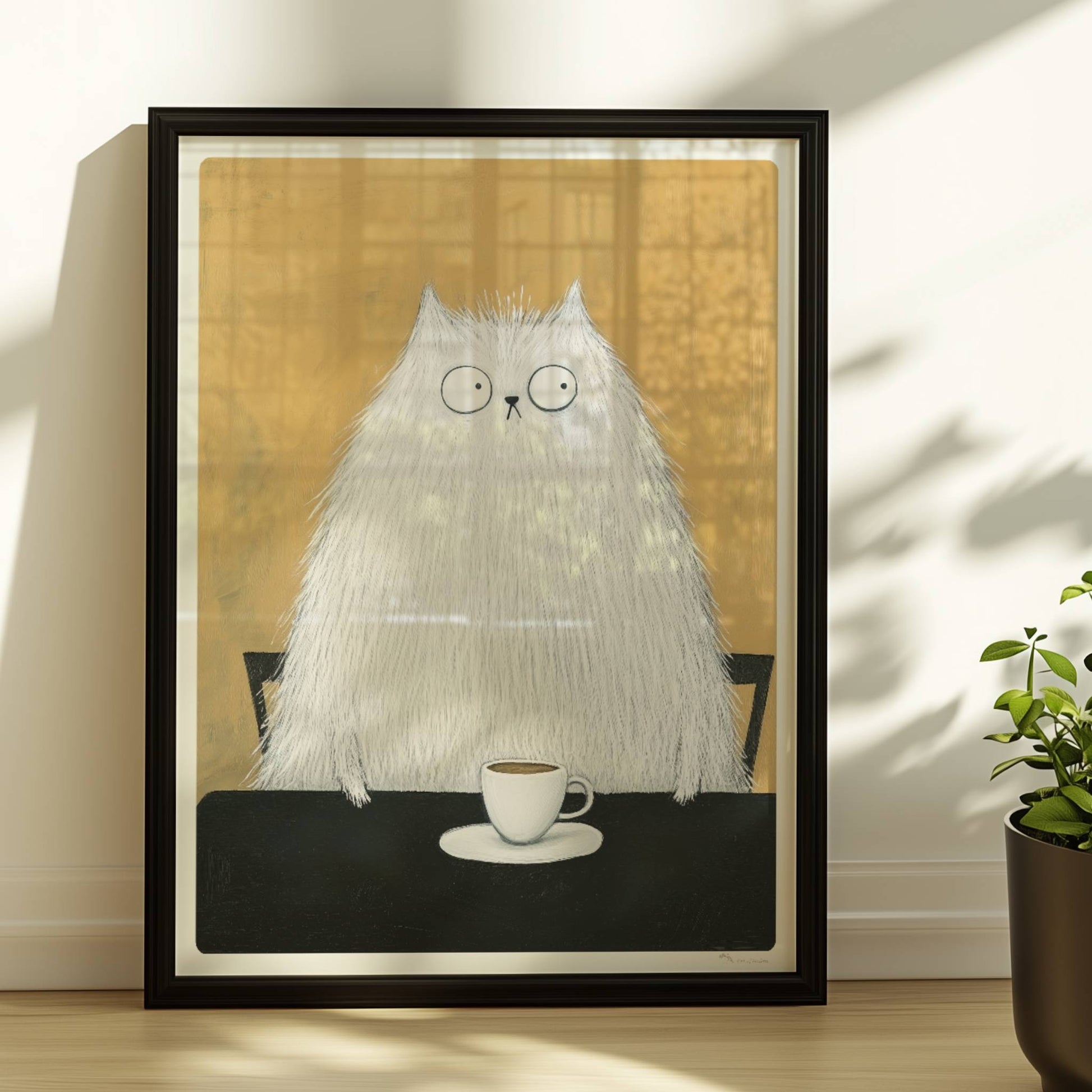 Weisse Katze mit Kaffee, lustiges Katzenposter mit charmantem Charakter.. Rahmen schwarz 30x40