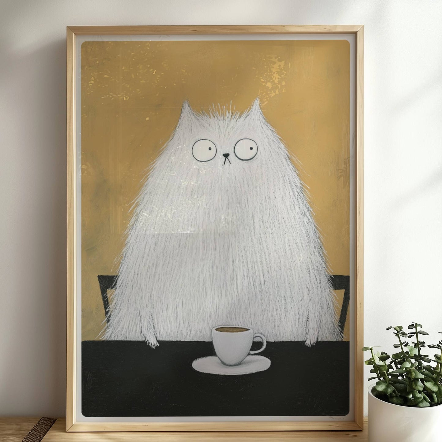 Weisse Katze mit Kaffee, lustiges Katzenposter mit charmantem Charakter.. Rahmen natur 50x70