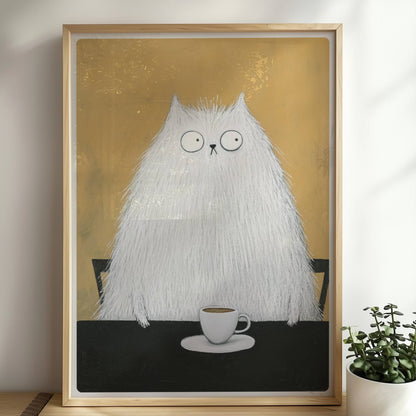 Weisse Katze mit Kaffee, lustiges Katzenposter mit charmantem Charakter.. Rahmen natur 50x70