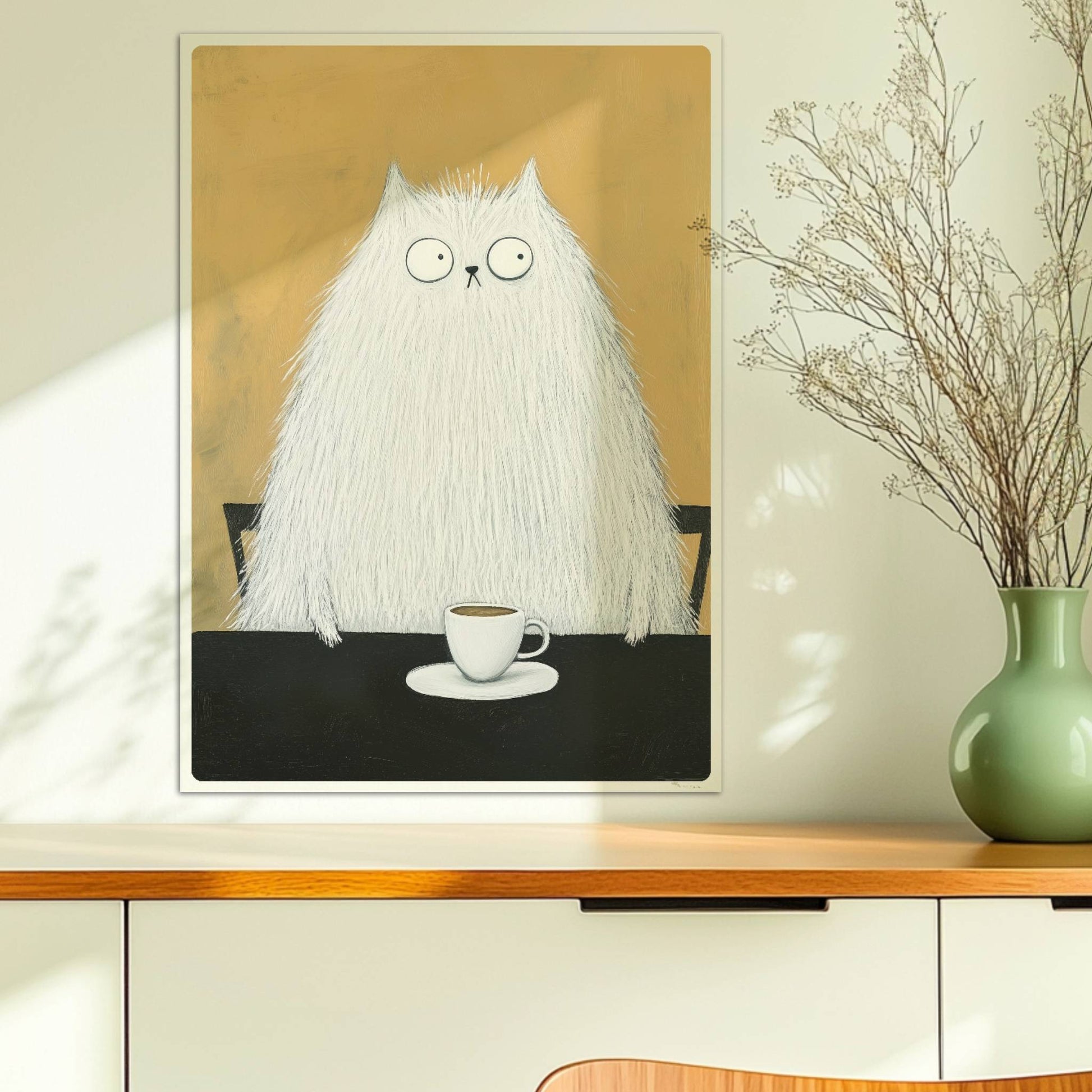Weisse Katze mit Kaffee, lustiges Katzenposter mit charmantem Charakter.. Ohne Rahmen 50x70