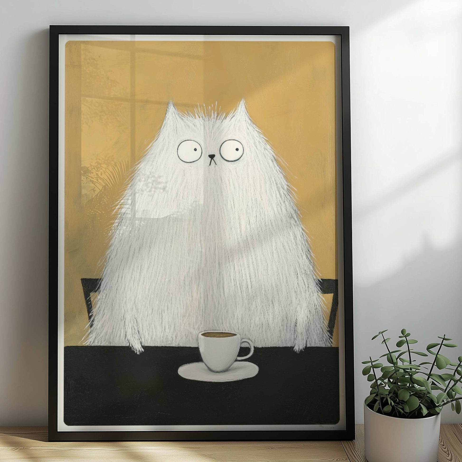 Weisse Katze mit Kaffee, lustiges Katzenposter mit charmantem Charakter.. Rahmen schwarz 50x70