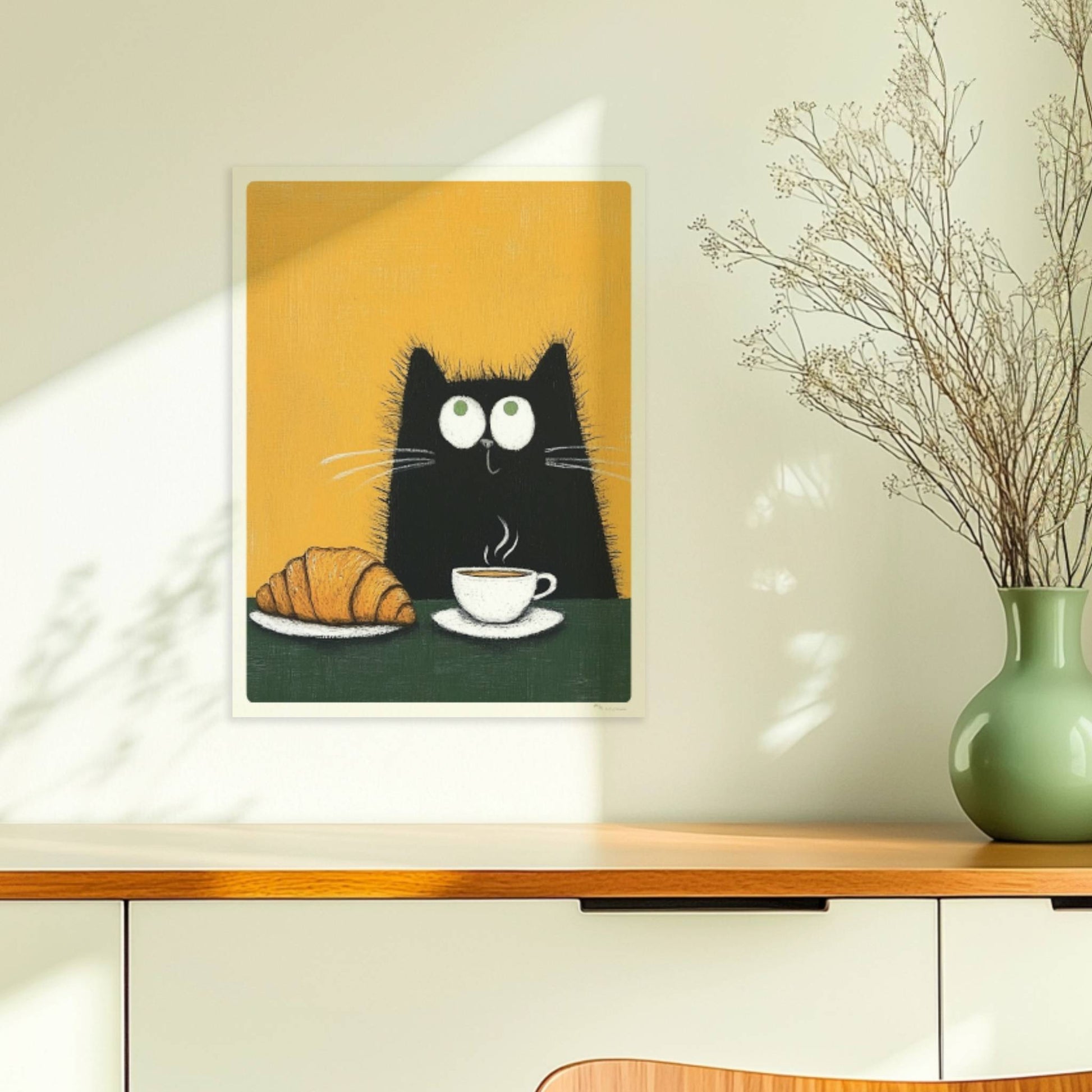 Schwarze Katze mit Croissant und Kaffee, lustiges Katzenposter.. Ohne Rahmen 30x40