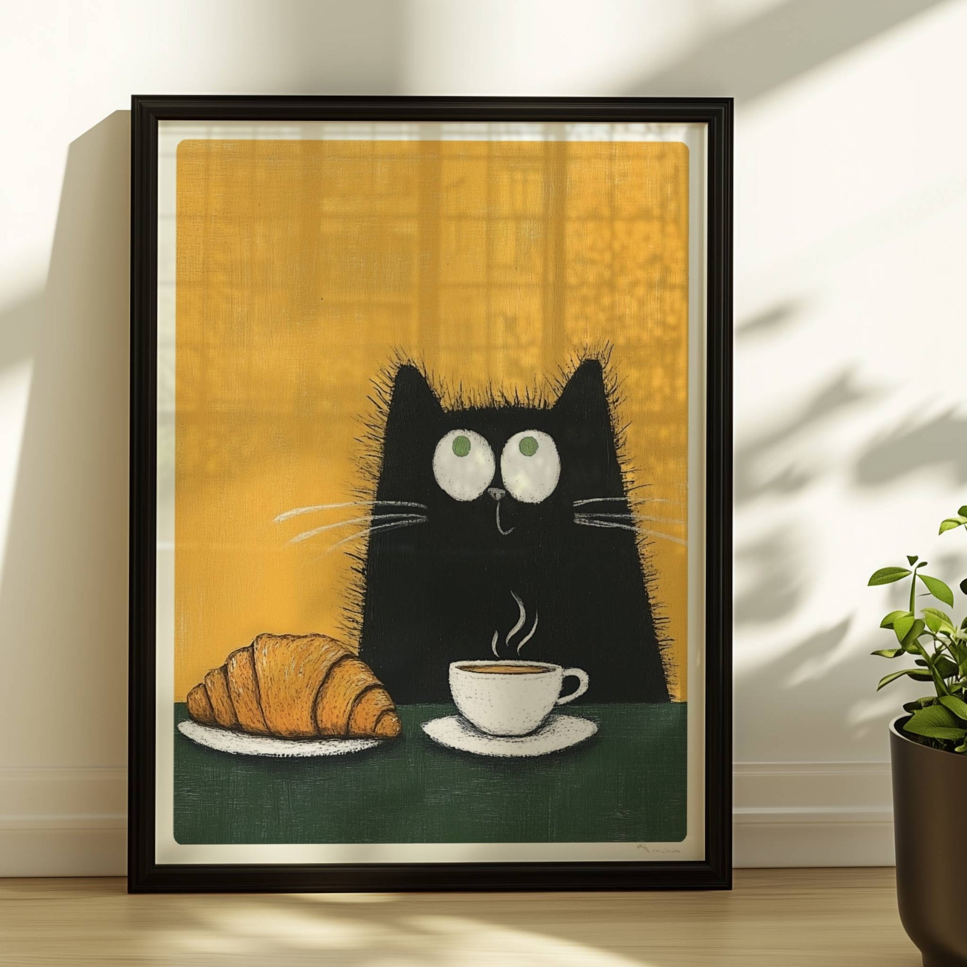 Schwarze Katze mit Croissant und Kaffee, lustiges Katzenposter.. Rahmen schwarz 30x40