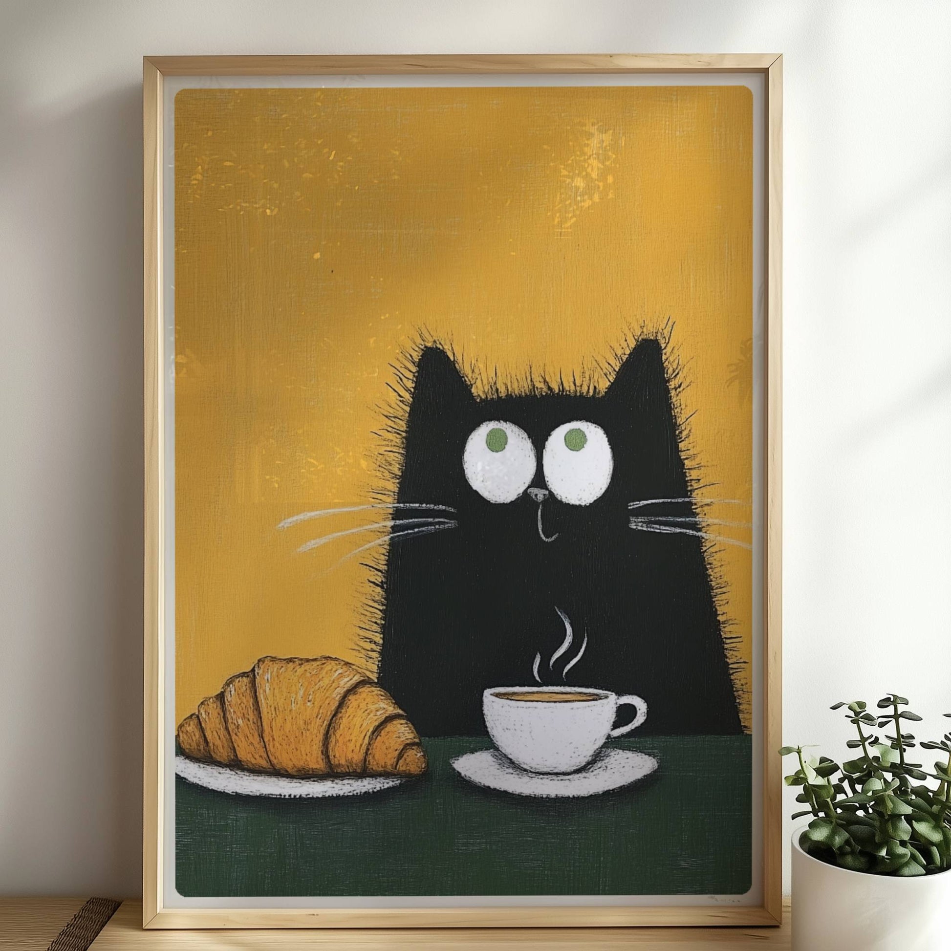 Schwarze Katze mit Croissant und Kaffee, lustiges Katzenposter.. Rahmen natur 50x70