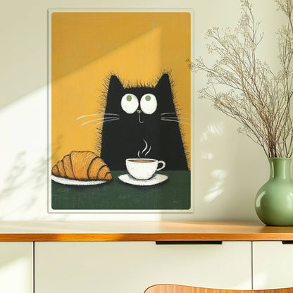 Schwarze Katze mit Croissant und Kaffee, lustiges Katzenposter.. Ohne Rahmen 50x70