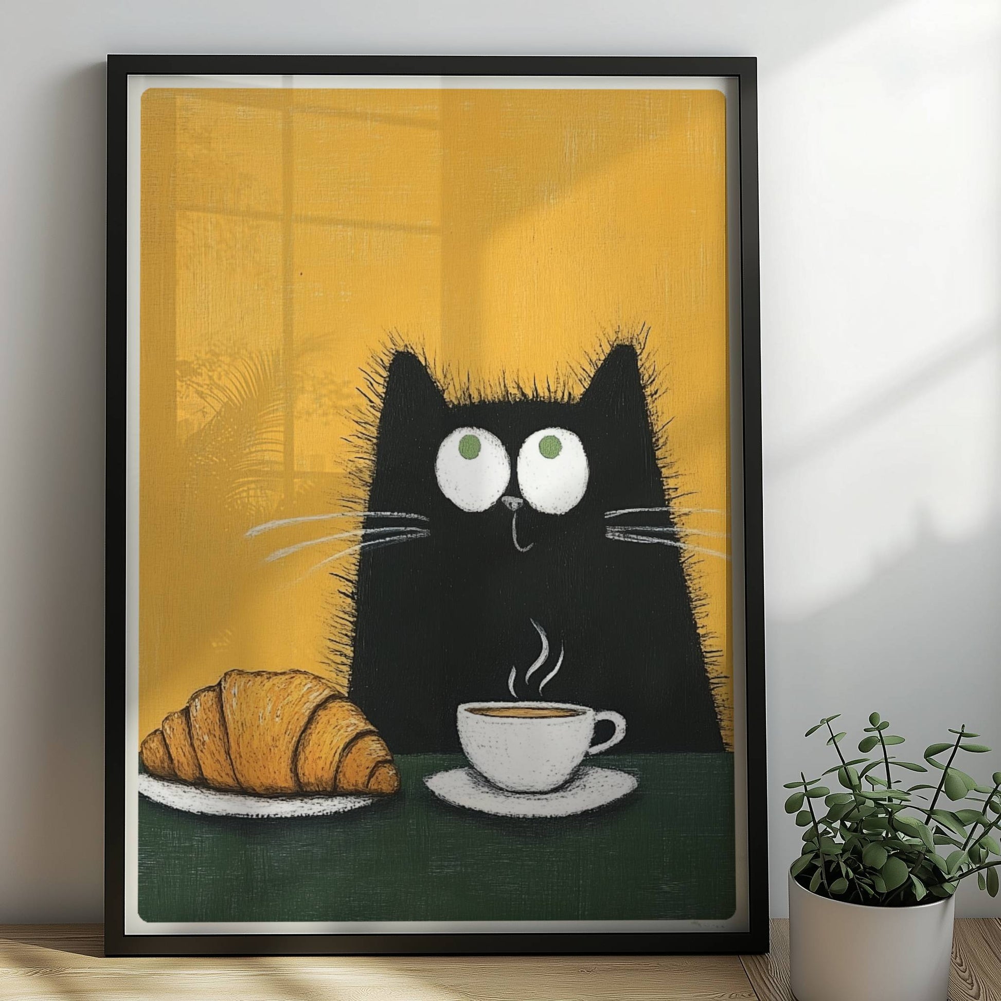 Schwarze Katze mit Croissant und Kaffee, lustiges Katzenposter.. Rahmen schwarz 50x70